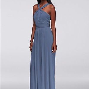 Bridesmaid Y neck long mesh dress steel blue